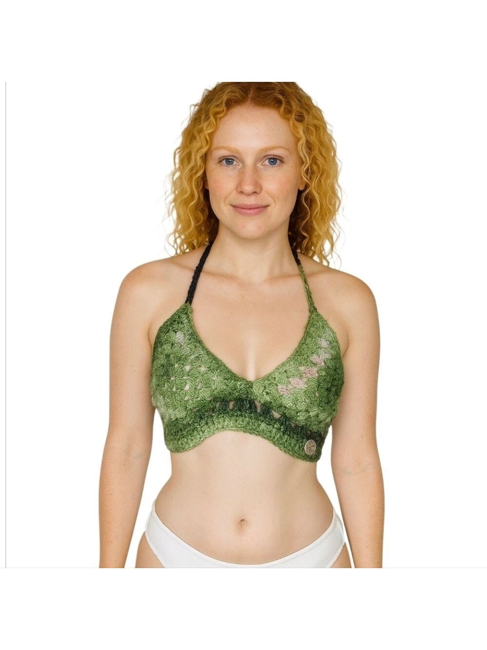Handmade Crochet Halter Crop-Top Multi-green Granny Square Swimsuit Cover-up Top